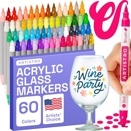 ARTISTRO 60 Wine Glass Acrylic Paint Markers - Washable Non-Toxic Dual Tip Acrylic Paint Pens for Car Window, Mirror, Ceramic