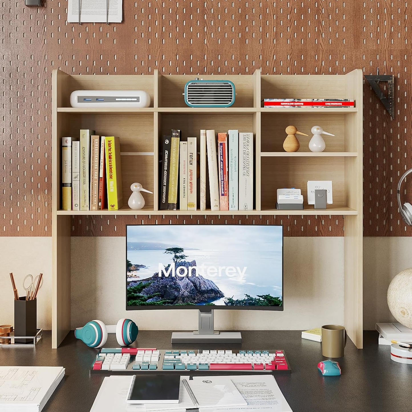 ChooChoo Desktop Bookshelf, Wood Desk Hutch Organizer with 7 Shelves for Computer Desk, Desktop Shelf Bookshelf Storage for College Dorm Office Home, Natural