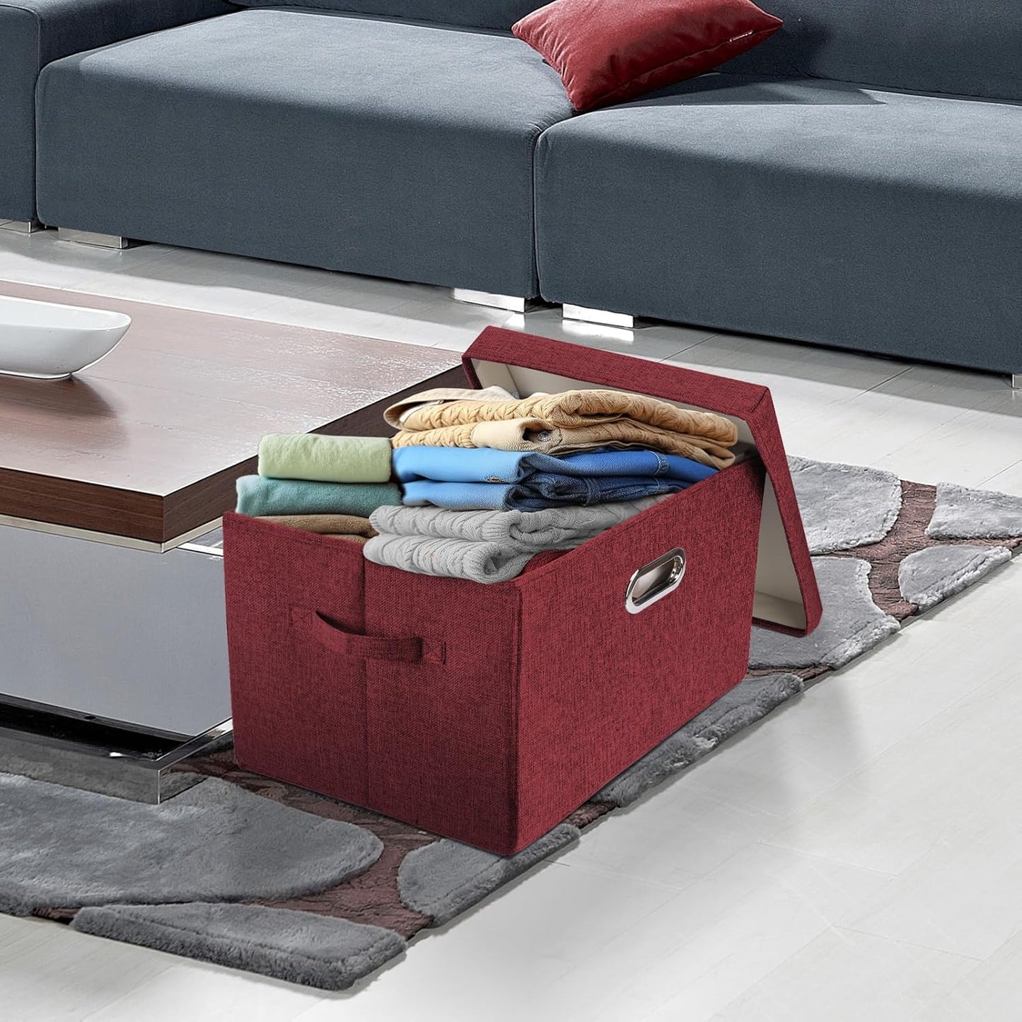 TYEERS Collapsible Storage Bins With Lids, Large Fabric Storage Boxes - 2 Pack - Red Wine