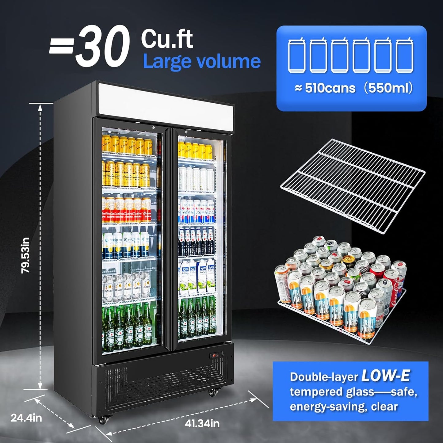 Commercial Merchandiser Display Refrigerator with 2 Glass Doors 30 Cu.ft Beverage Back Bar Cooler Black Drink Fridge for Convenience Stores, Supermarkets,Bars,Offices