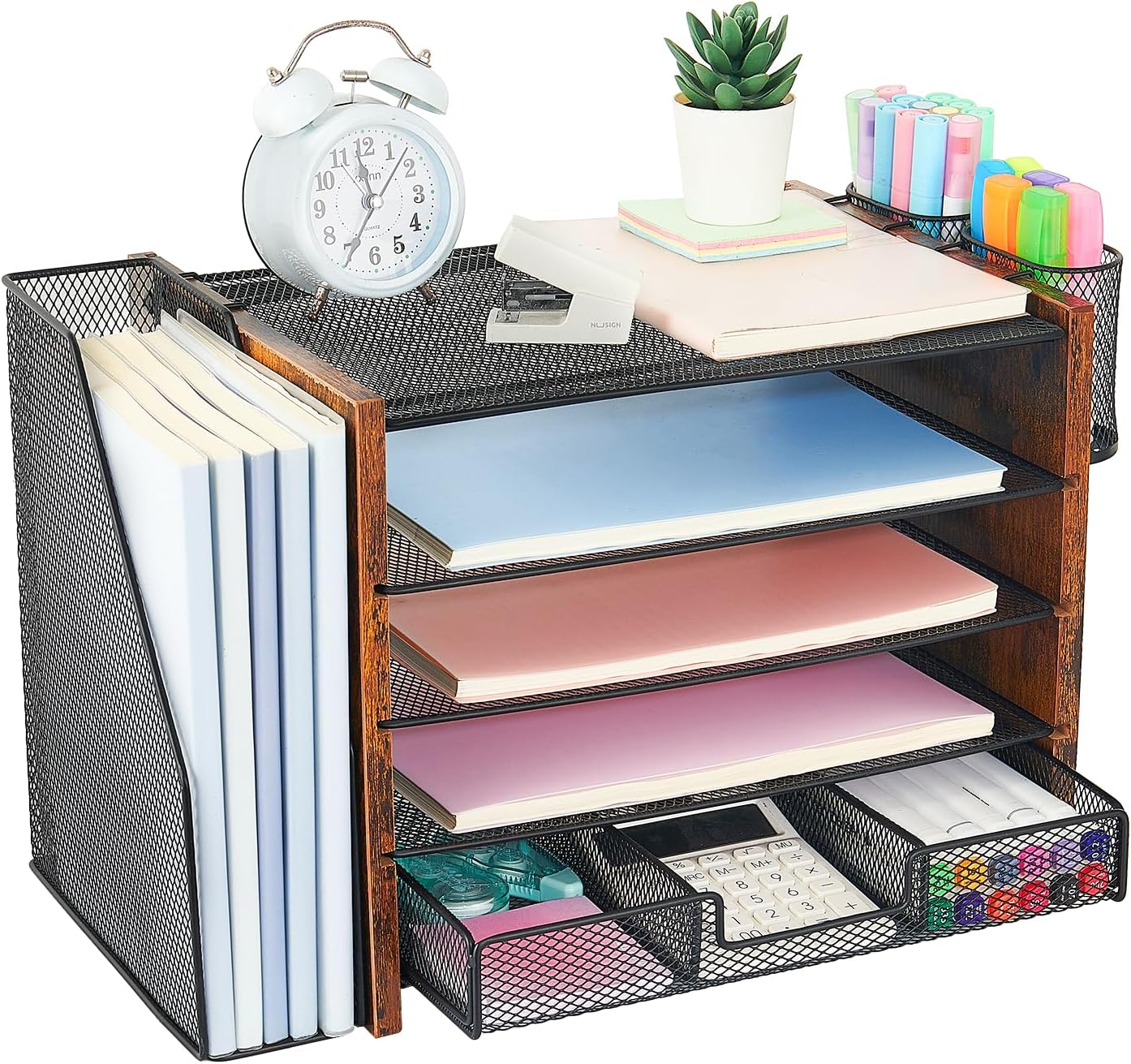 Wood Desk Organizers and Accessories with File Organizer, 5-Tier Paper Organizer with Drawer & Pen Holder, Office Desk Accessories, Workspace Desktop Storage for Office Supplies Organization（Brown）