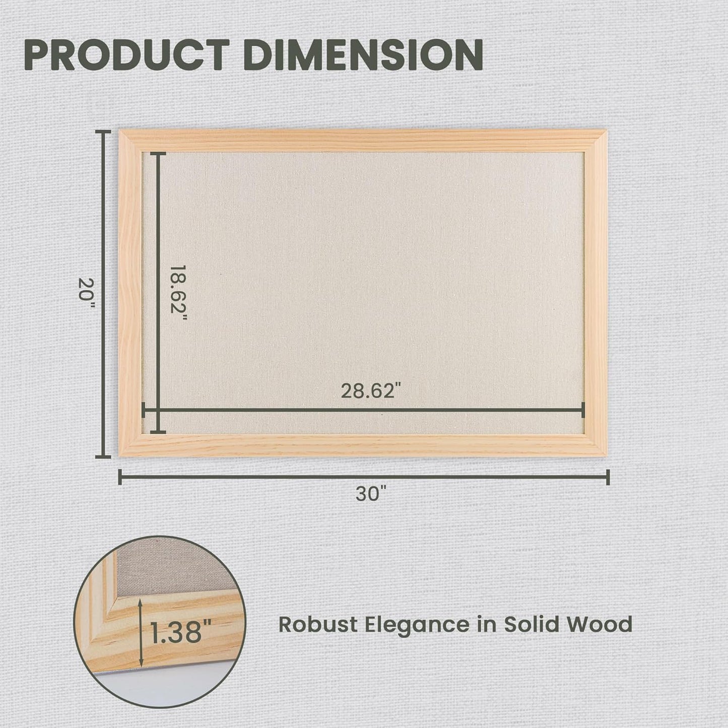 Bulletin Board Cork Board with Linen, 100% Wood Framed 30" x 20" Bulletin Board Decorations, Pin Boards for Walls, Wall Mounted Fabric Picture Board with 10 Pushpins for School, Home & Office, Natural