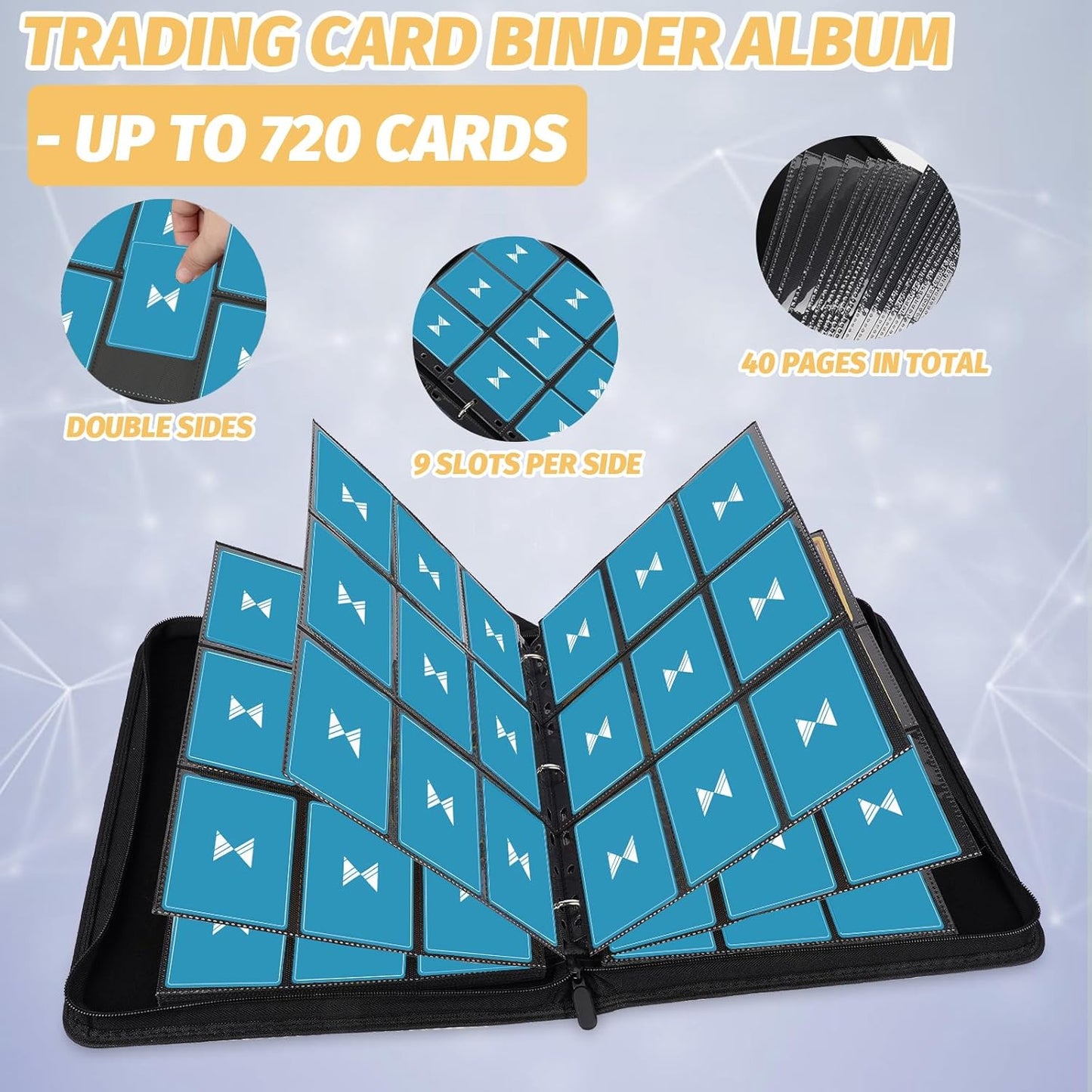 720 Card Binder, Premium Trading Card Binder, 9 Pocket Double Sided Pocket PU Card Collection Binder, Collector Card Album, Card Folder for MTG, TCG, Sports Cards, Game Cards (Lake Blue)