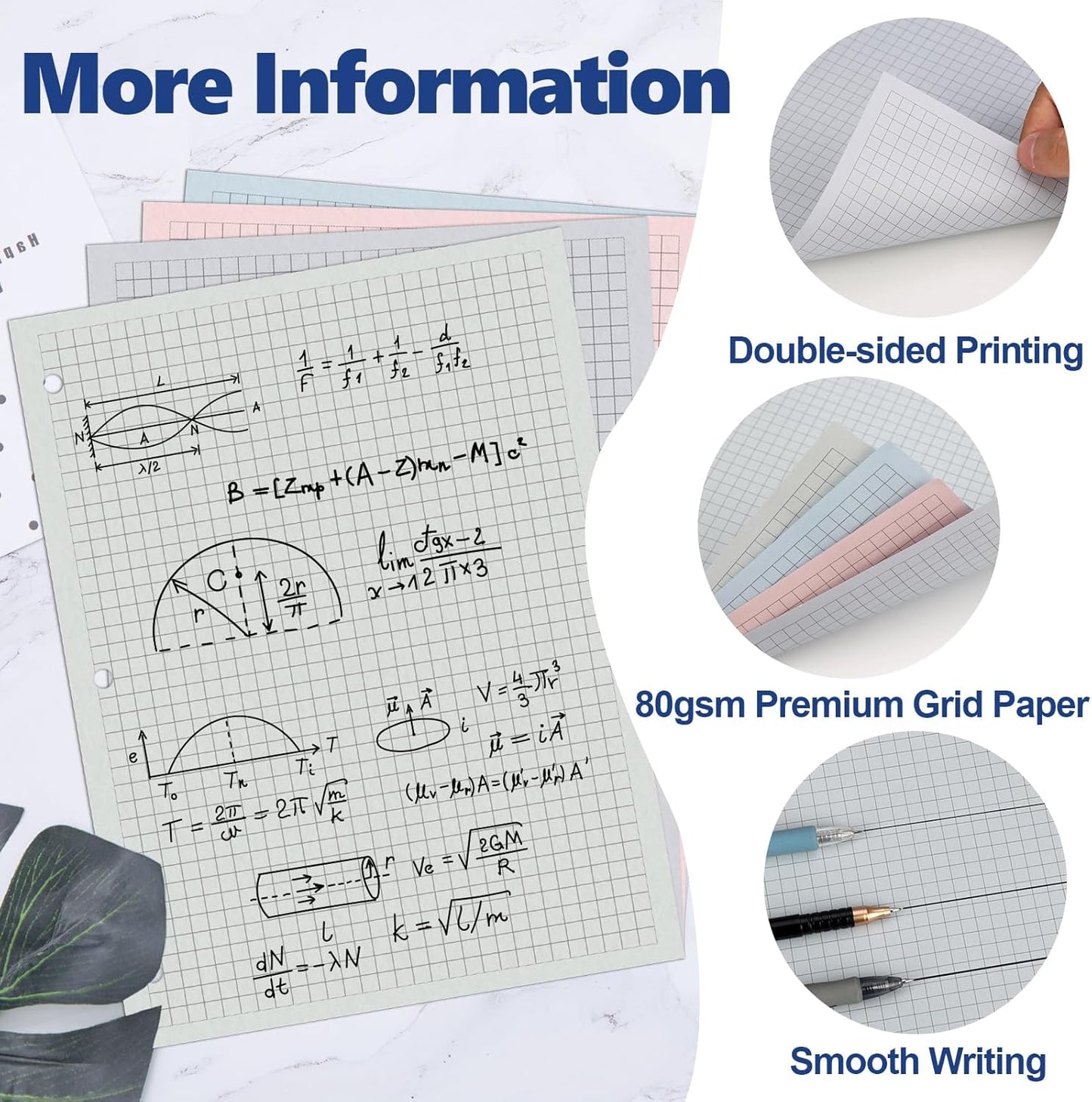 500 Sheets Colored 4 x 4 Graph Loose Leaf Paper Bulk for 3 Ring Binder 8.5×10 Inch Quad Ruled Graph Filler Notebook Grid Paper Refill Quad Ruled Pad for School Office Business Home Library 80gsm