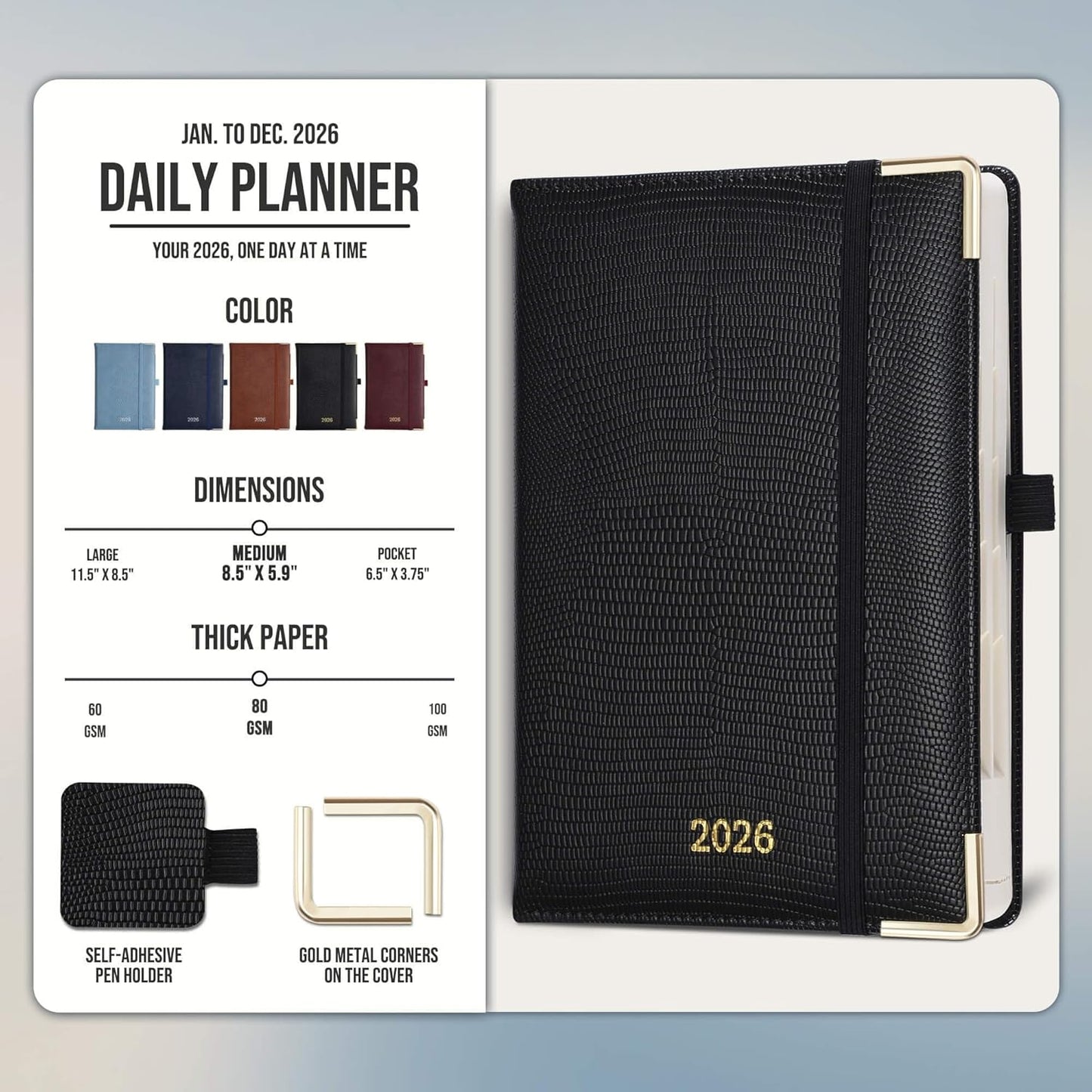 Daily Planner 2026 with One Page Per Day,(A5-8.5" x 5.9"),12 Months Calendar Hourly Appointment Book Monthly Tabs&Self-adhesive Pen Holder,Inner Pocket,Durable Vegan Leather Hardback,Black