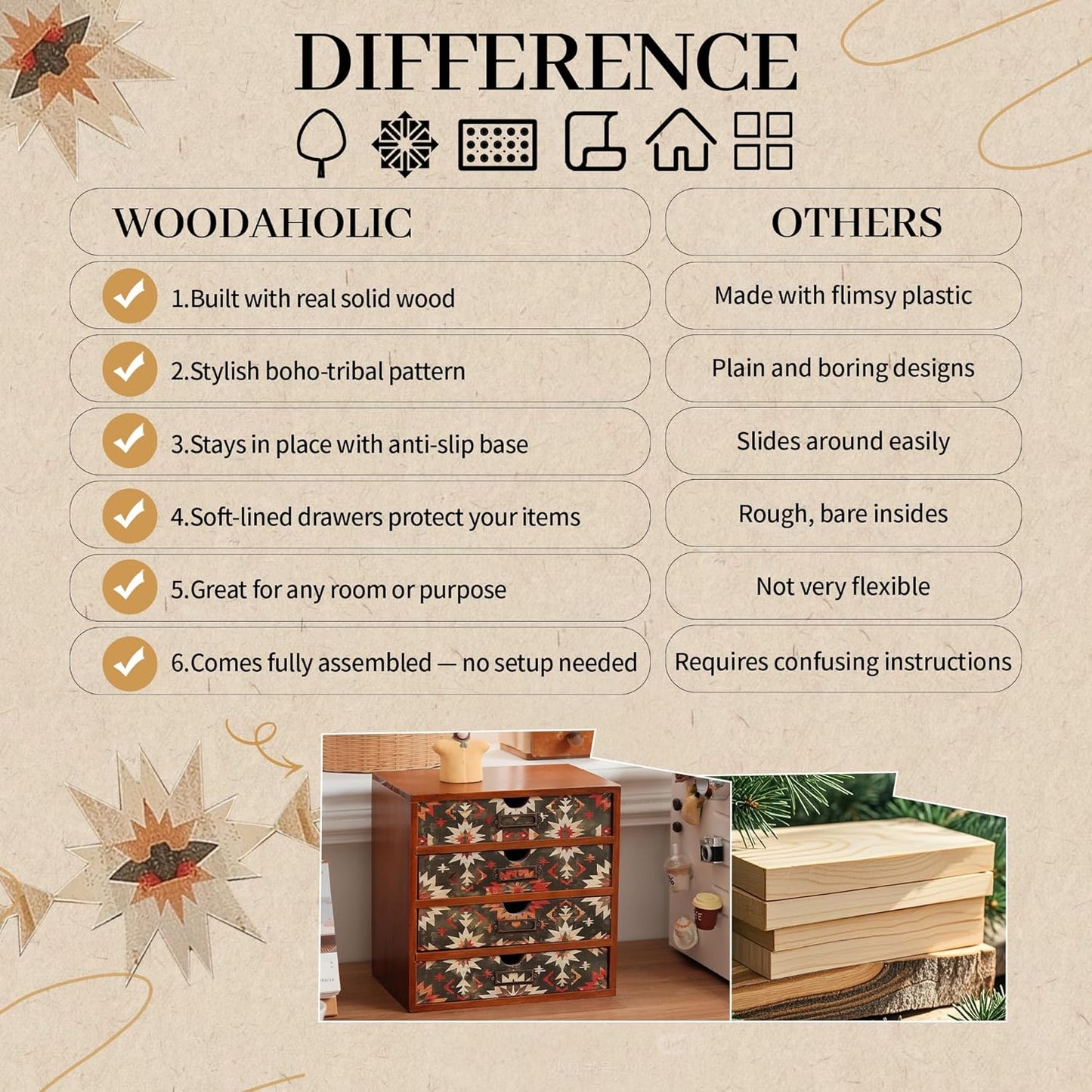 Boho Green Wooden Desk Organizer with Drawers – 4-Drawer Desktop Storage Box – Rustic Tribal Wood Desk Organizer for Office, Vanity, or Craft Supplies – Compact & Stylish Wooden Storage Drawers