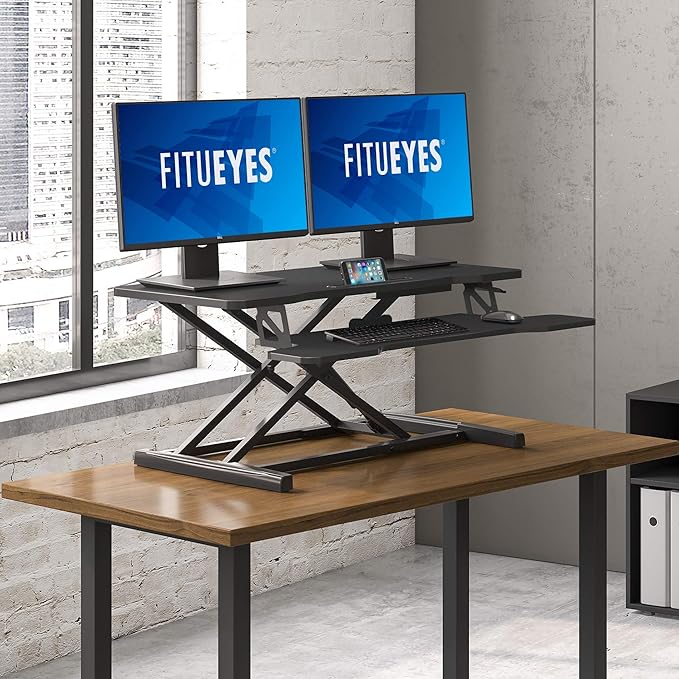 FITUEYES Height Adjustable Standing Desk 36” Wide Sit to Stand Converter Stand Up Desk Tabletop Workstation for Dual Monitor Riser FSD309101WB