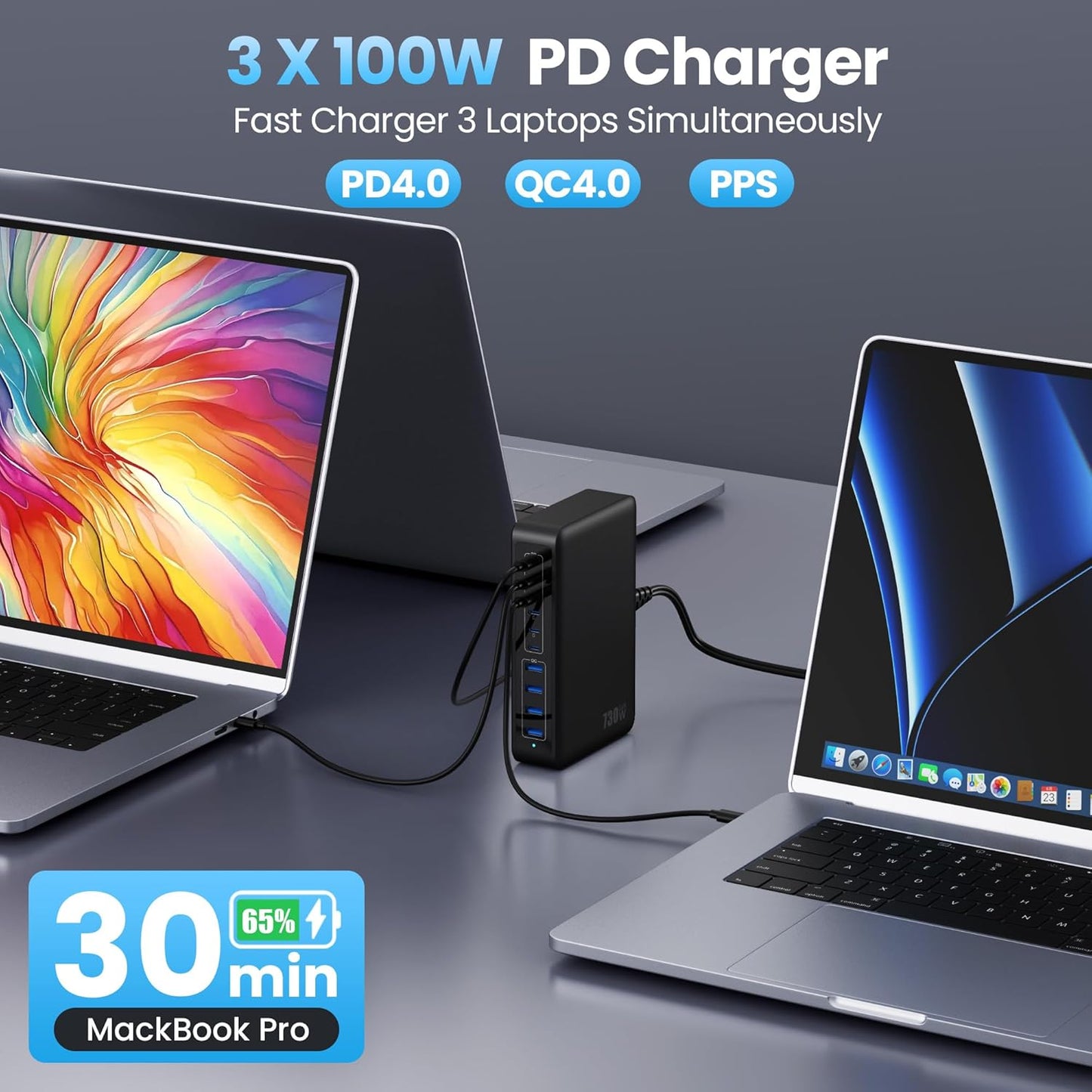 730W USB C Charger Block,10-Ports GaN V Fast Charging Station Hub,QC4.0+3 PD 100W Laptop Charger Wall Power Adapter for MacBook Pro/Air,DELL,iPhone 16/15/14/13,iPad,Galaxy S25,Pixel,Steam Desk-Black