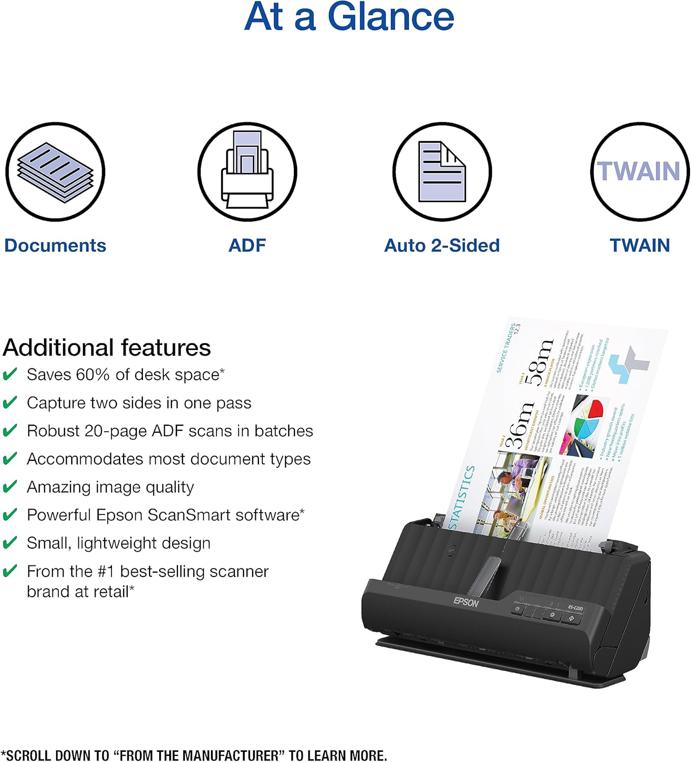 Epson Workforce ES-C220 Compact Desktop Document Scanner with 2-Sided Scanning and Auto Document Feeder (ADF) for PC and Mac