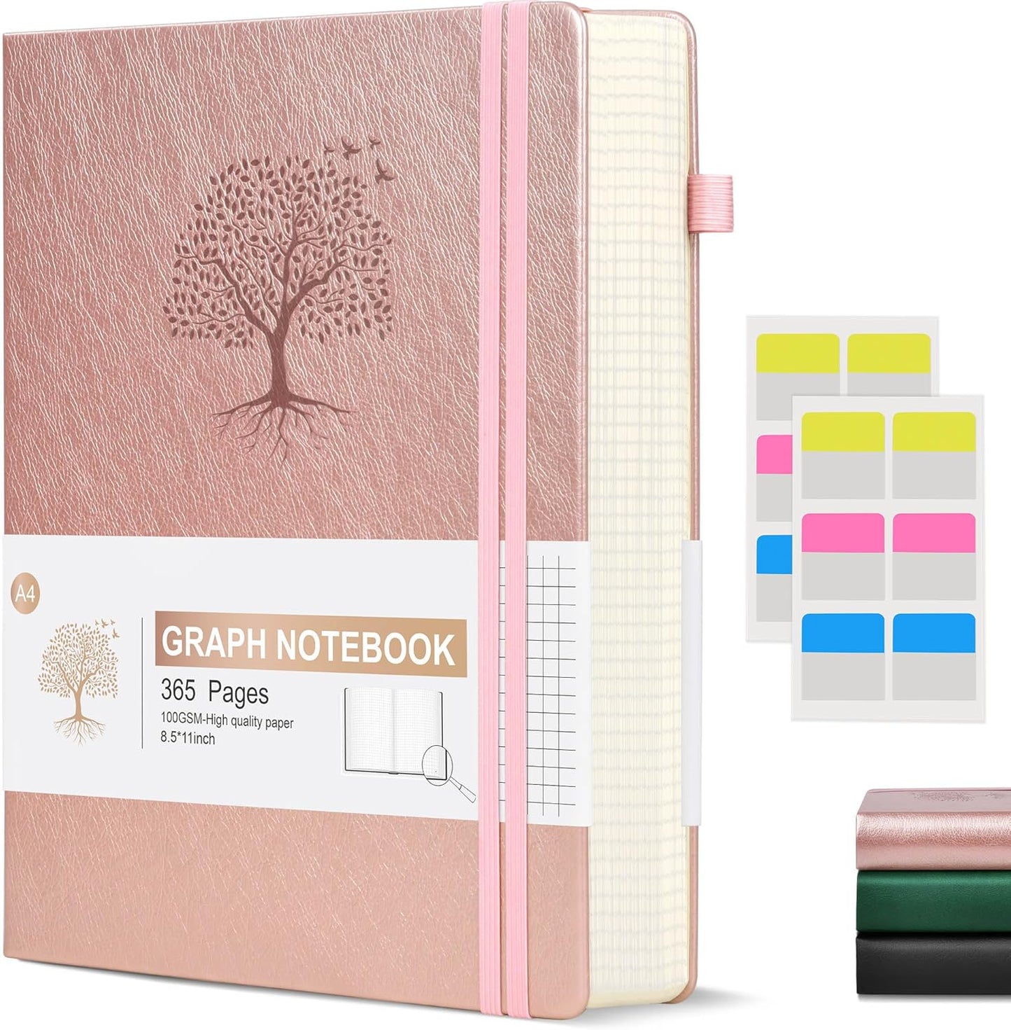 Graph Paper Notebook Journal, 360 Numbered Pages Grid Notebooks 8.5 x 11, Thick 100gsm Paper Graphing Journals for Women Men, A4 Large Hardcover Graph Leather Journals for Writing Pink