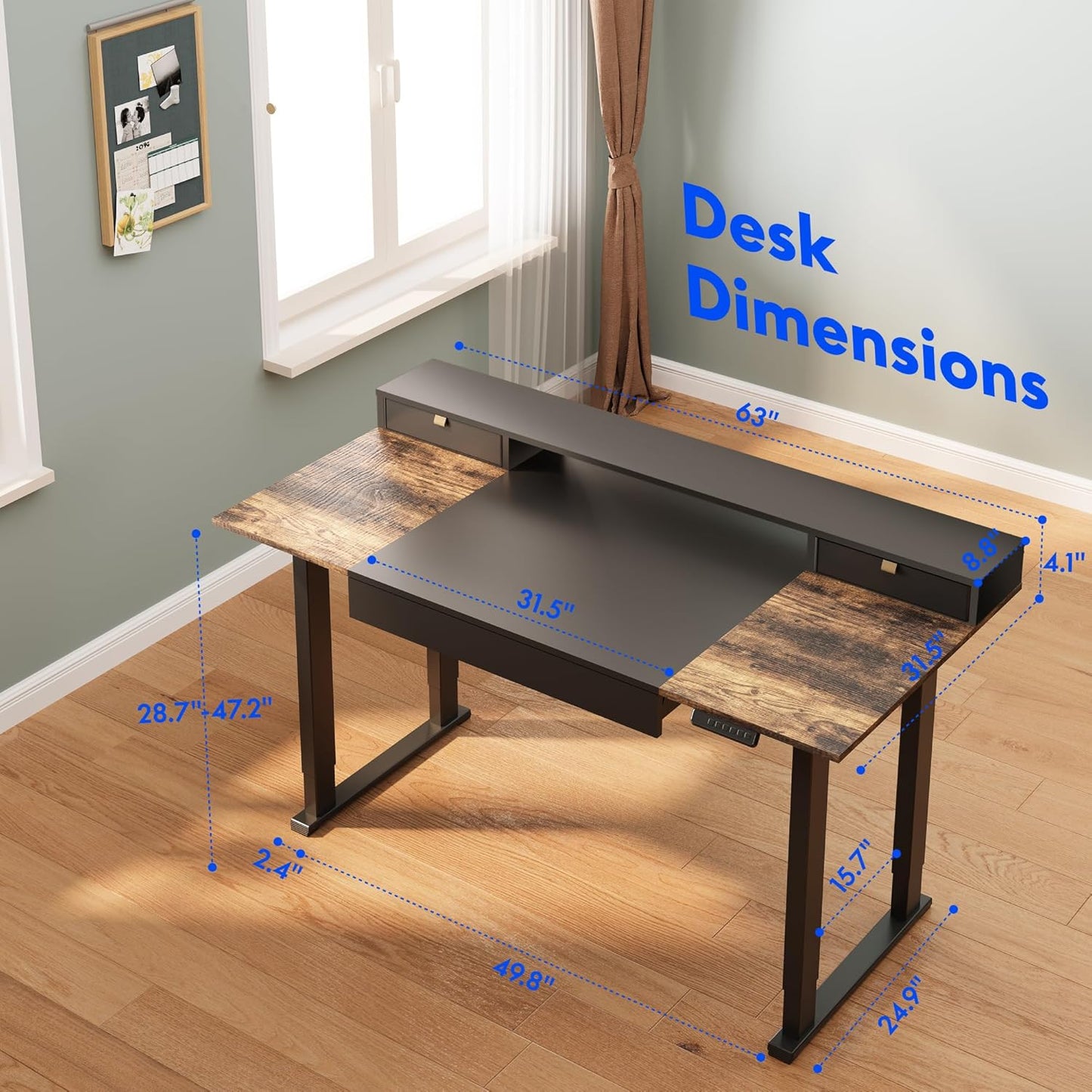 FLEXISPOT 63x32 in 4-Leg Standing Desk with Storage Electric Adjustable Height with 3 Drawers & Shelving Home Office Workstation (Black + Special Walnut Top)