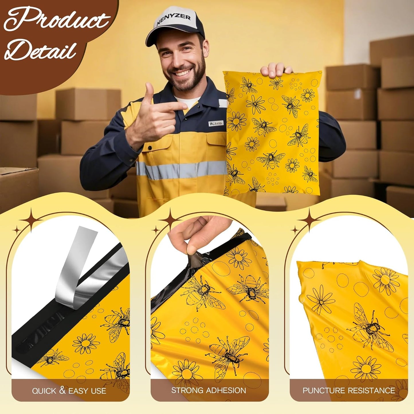 Bees Poly Mailer 12x15.5 Inch 50 Pcs, Waterproof Shipping Bags for Clothing, Tear-Resistant Mailier Bags, Strong Mailing Bags with Self-Seal