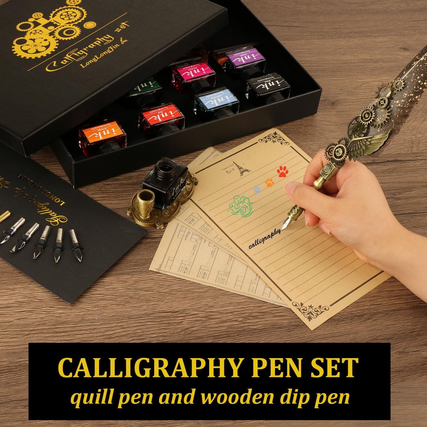 Calligraphy Pens and Ink Set - Calligraphy Kits for Beginners,Quill Pen Includes Dip Pen,8*Colors Ink,11*Calligraphy Pen Nibs（Grey）