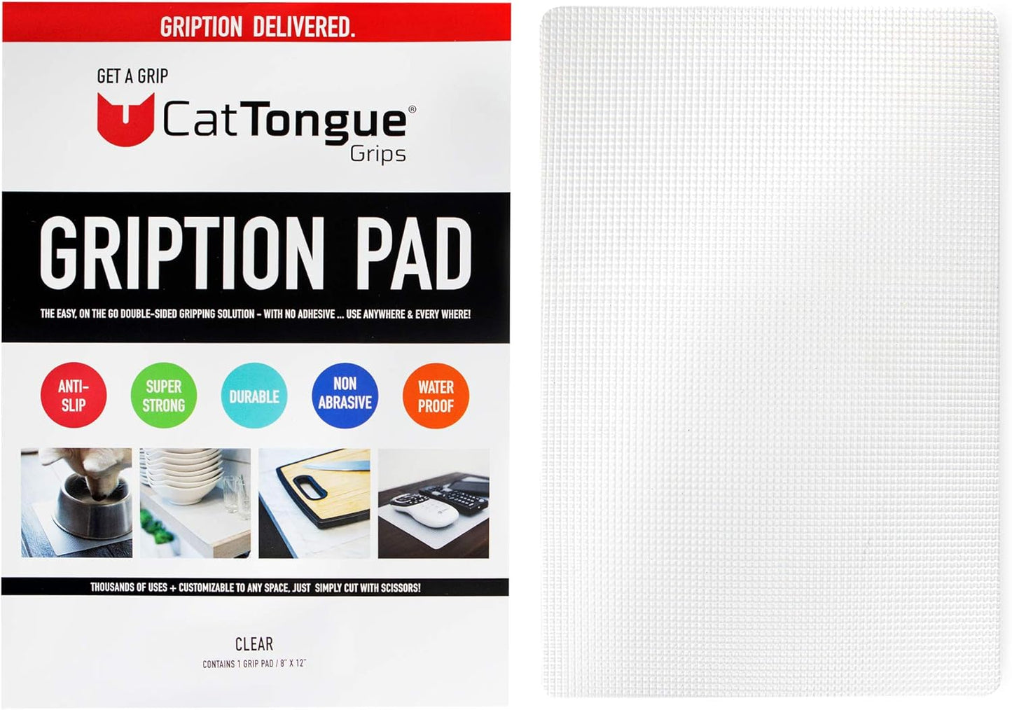 CatTongue Grips Non-Adhesive Anti-Slip Mat - Multi-Purpose Non-Slip Pad for Countertops, Desks, Tables & Workspaces - Ideal Desk Mat, Drawer Liner, Laptop Pad & More (Clear, 8” x 12”)
