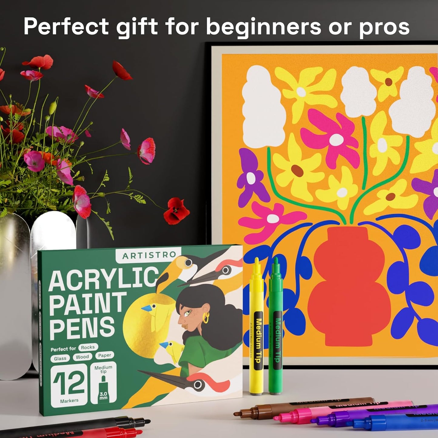 ARTISTRO 12 Fabric Paint Markers Medium Tip - Easy for All Ages & Levels - Acrylic Paint Pens for Fabric, Rocks, Paper, Wood, Canvas, Glass, DIY