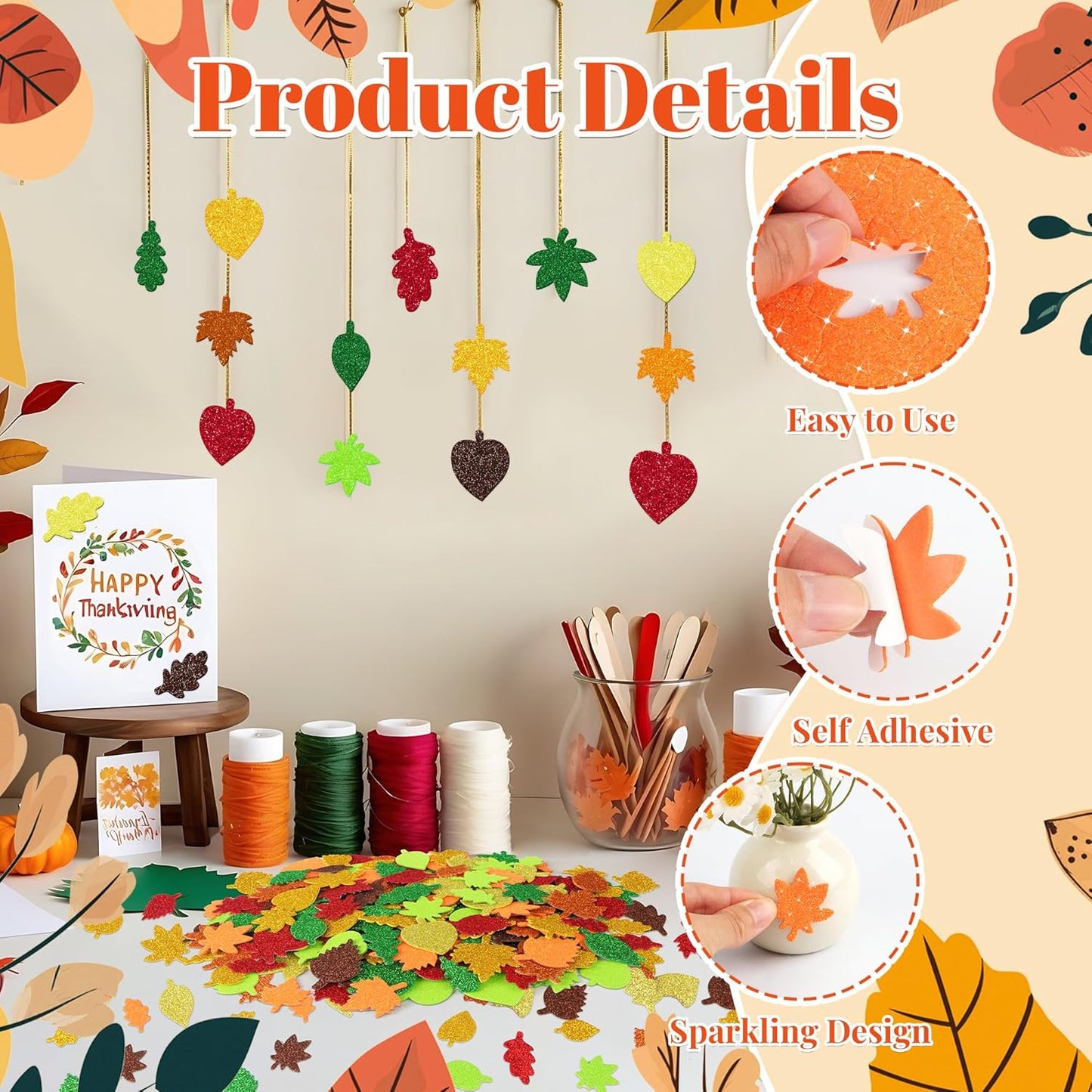 584 PCS Fall Stickers Glitter Foam Stickers for Kids Crafts, Autumn Leaf Maple Leaves Self Adhesive Stickers for Thanksgiving Party Supplies Gift DIY Arts Greeting Card Envelopes Home Decor