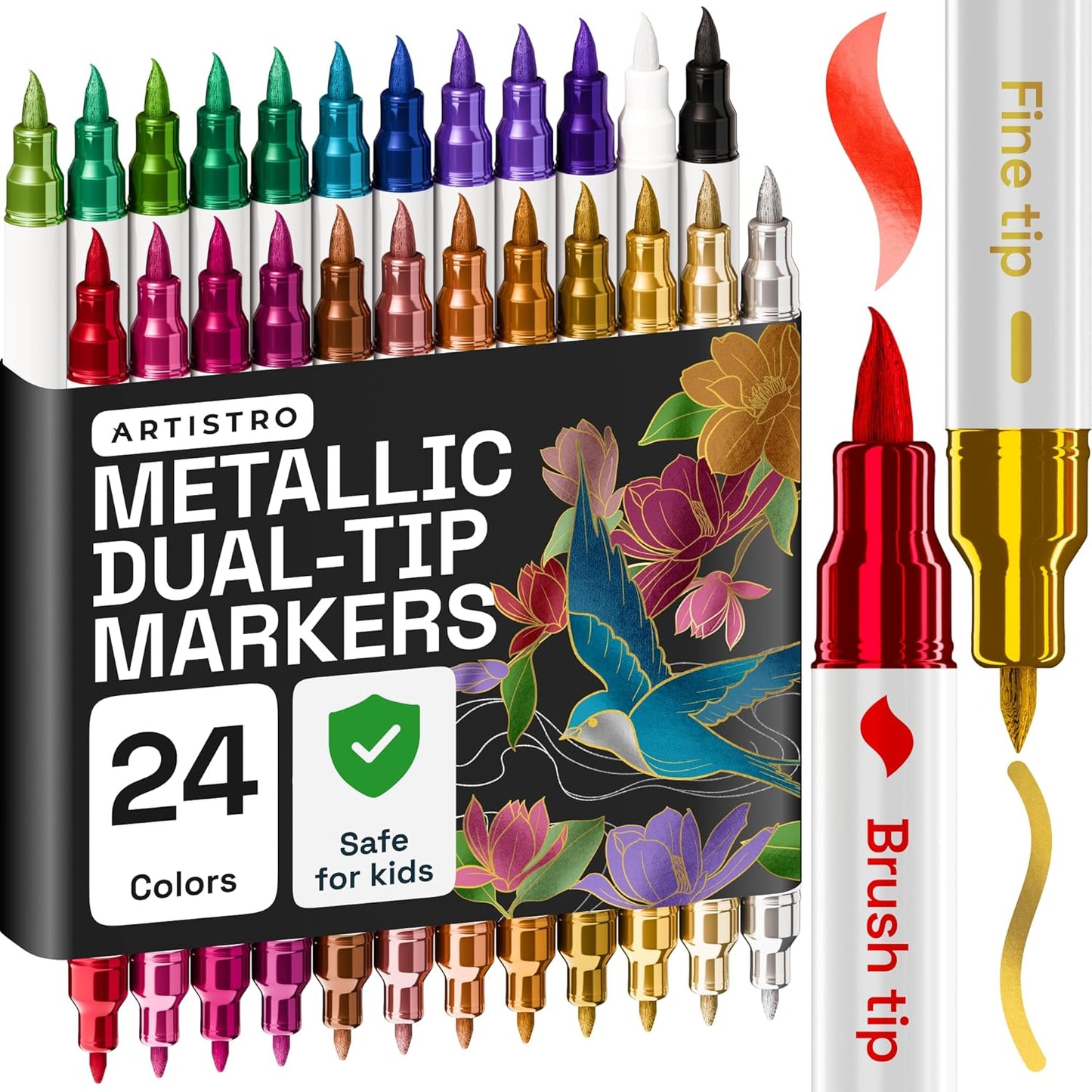 ARTISTRO Dual Tip Acrylic Paint Markers - Easy for All Ages & Levels Acrylic Paint Pens for Fabric, Rocks, Paper, Wood, Canvas, Glass, DIY (Dual Tip Metallic, 24)