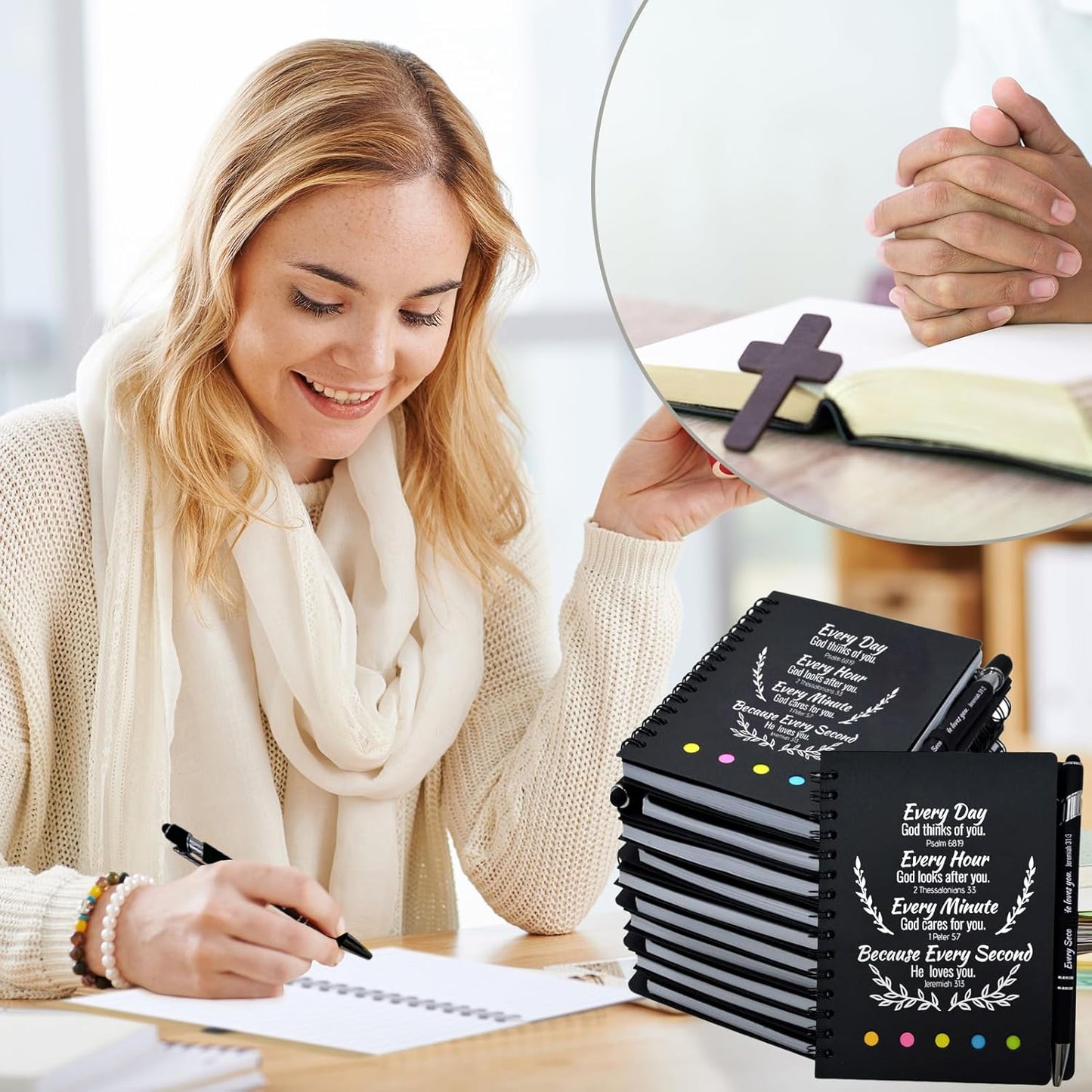 60 Pcs Bulk Christian Gifts Prayer Journal for Woman - 30 Set Religious Notepad with Christian Pen - Bible Notebook - Church Gifts for Inspirational, Bible Study, Devotions (Black)