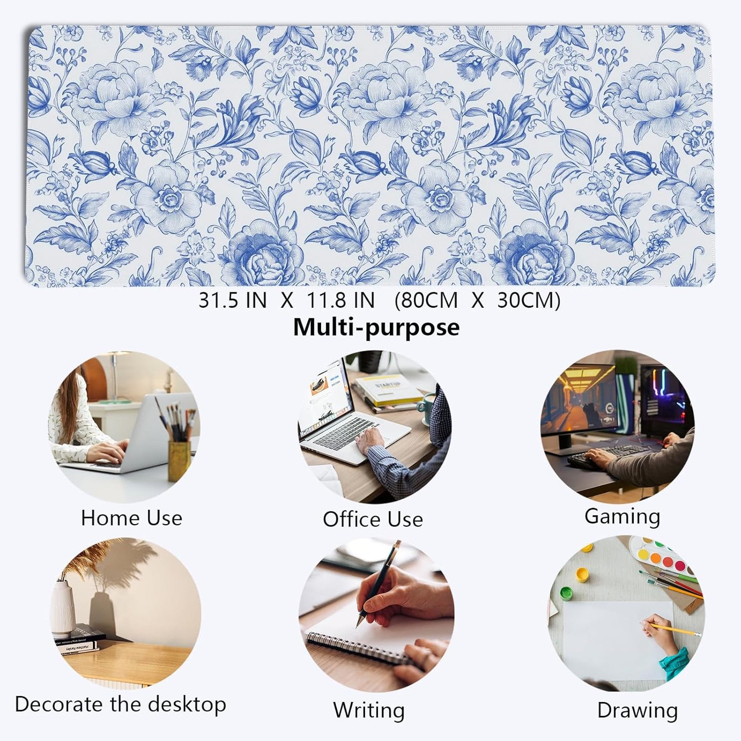 Blue Chinoiserie Mouse Pad,Blue and White Floral Desk Mat,XL Large Floral Preppy Trendy Mouse Pad,Girly Gaming Mousepad,Girly Laptop Desk Mat for Dorm Home Office,31.5x11.8 Inch