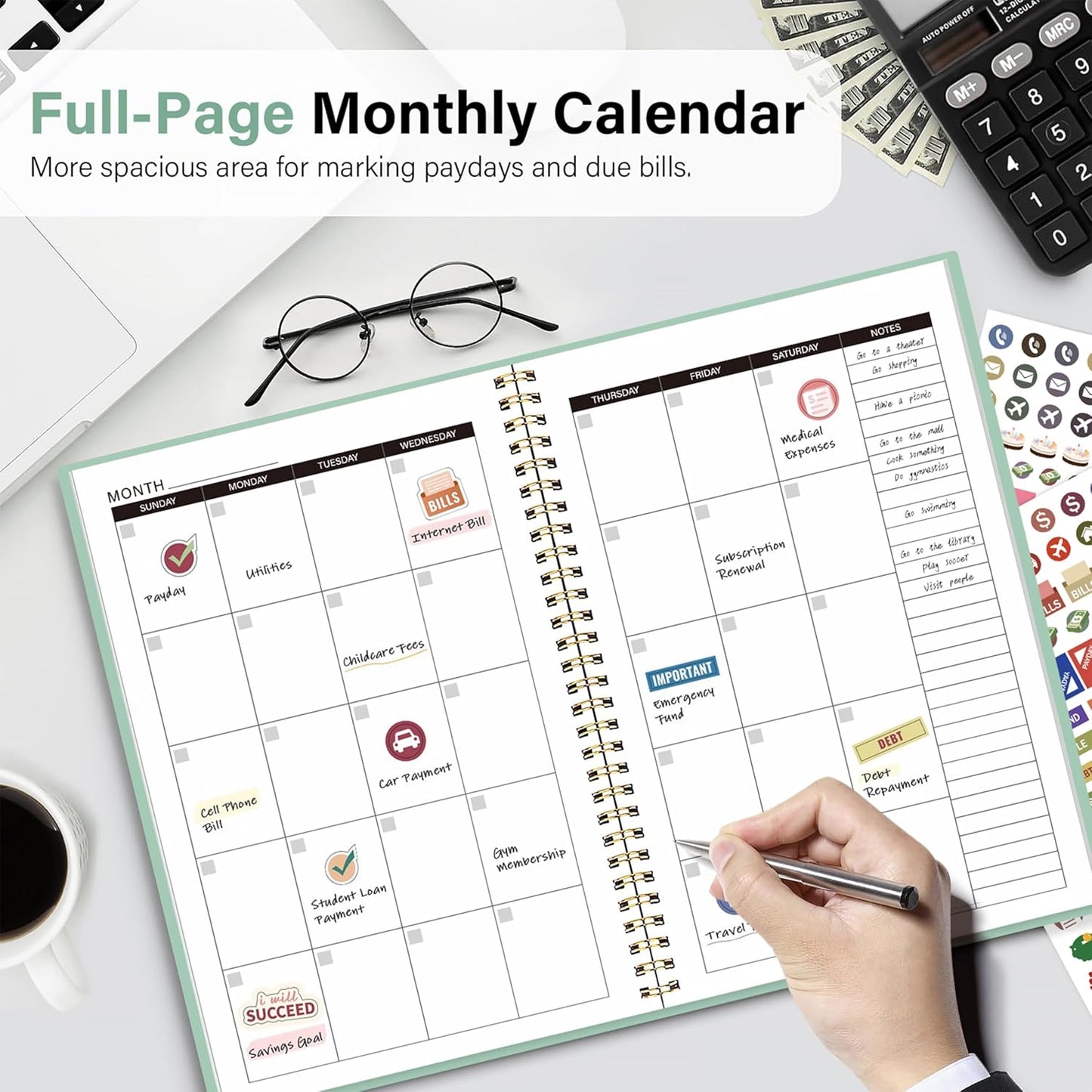 Budget Planner-Monthly Budget Book with Expense Tracker Notebook/Accounting Book, A5 Monthly Financial Organizer Planner, Manage Your Money Effectively, Start Anytime, 1 Year Use, Green