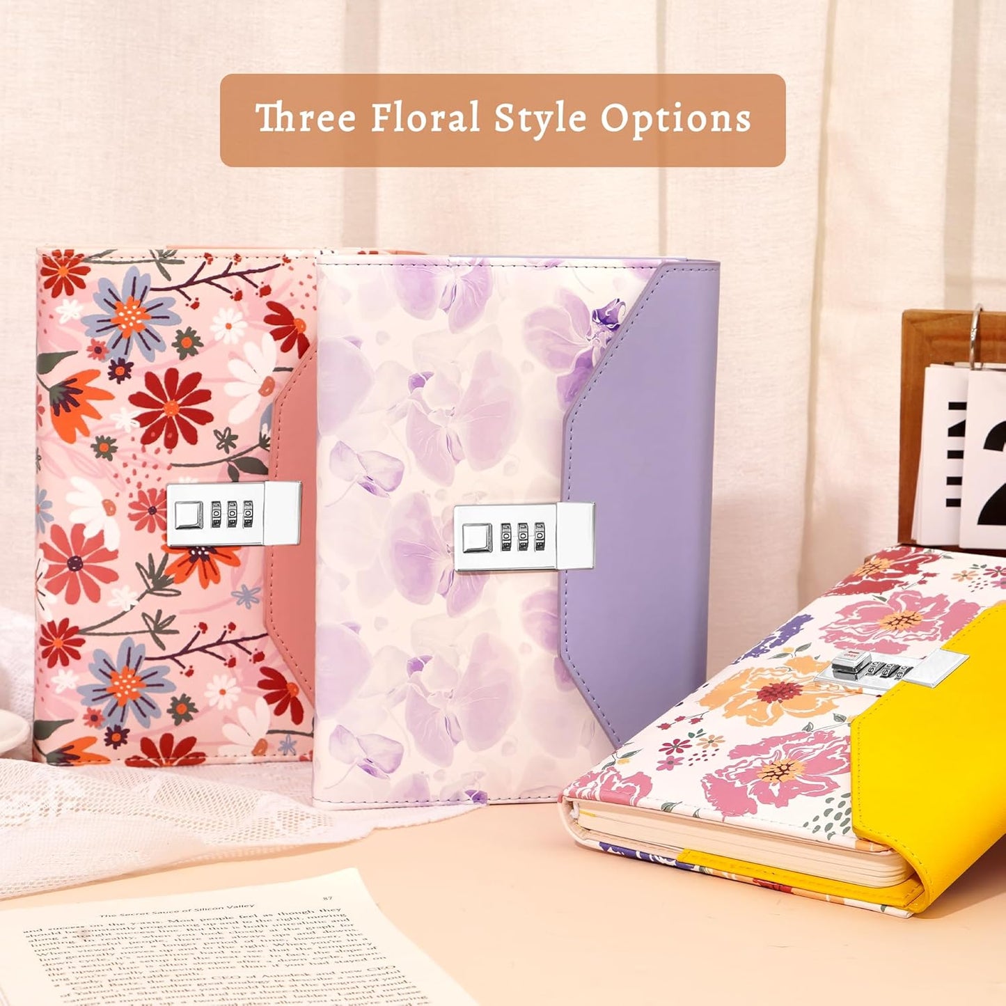 CAGIE Floral Diary with Lock for Women, Teen Girls Journal with Lock, Hardcover Refillable Women Journal with Pen, 6.3 x 8.5 Inch