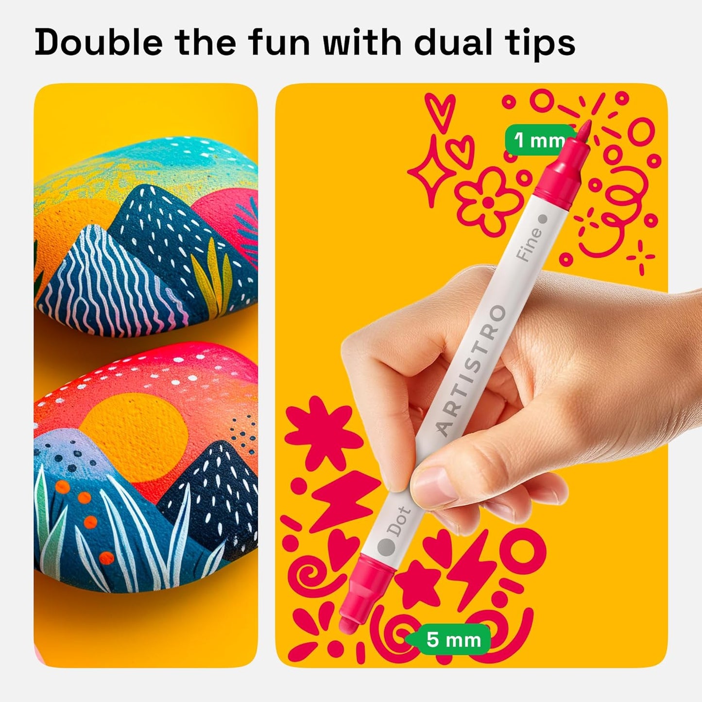 ARTISTRO Vibrant Acrylic Paint Markers for Rock, Fabric, Glass, Wood, Paper, Ceramic, Canvas & More - 60 Dual-Tip Paint Pens (Dot & Fine) - Quick Dry, Teacher Classrooms Must Have, Drawing Markers