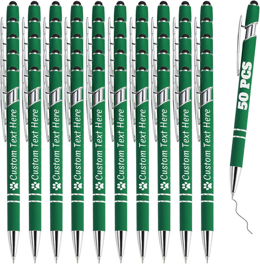 Personalized Pens Bulk 50 with Name Custom Engraving Ballpoint Pens with Stylus Tip Customized Smooth Writing Pens Personalized Gifts for Anniversary Birthday or Graduation(Dark Green,Black Ink)