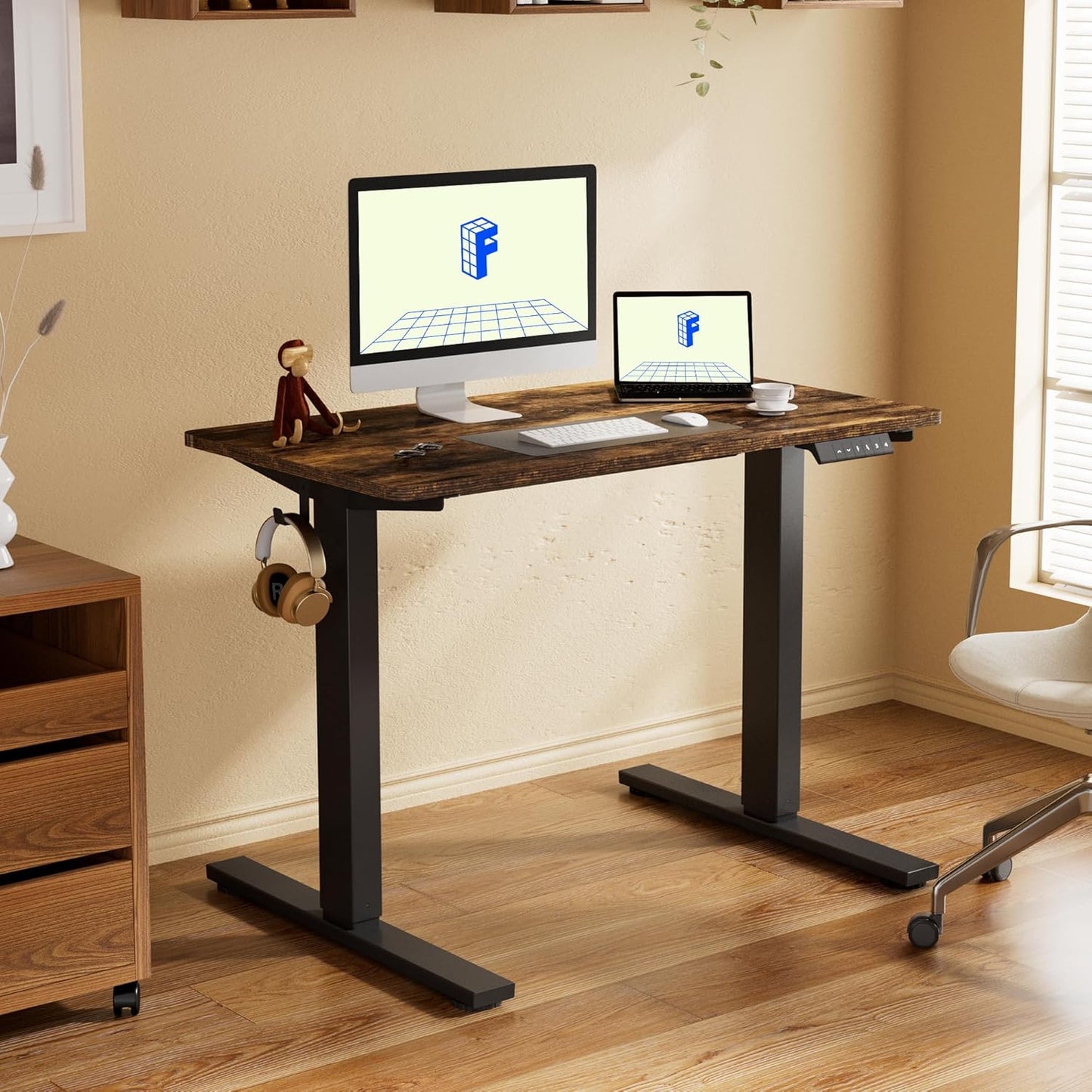 FLEXISPOT EN1 Whole-Piece Standing Desk, 48x24 Electric Sit Stand Desk for Home Office (Black Frame + Rustic Top, 2 Packages)