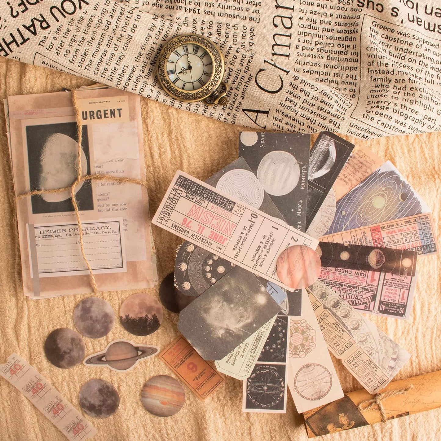 200Pcs Vintage Scrapbook Stickers, Aesthetic Junk Journal Stamping Supplies Kit, Scrapbooking Ephemera Washi Paper for Bullet Journaling Planners Diary Collage (Celestial)