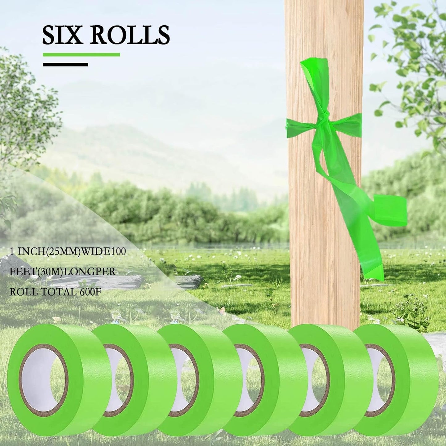 6 Pack Green Flagging Tape, Non-Adhesive Plastic Ribbon Neon Marking Roll,1inch*600ft, Marking Tape for Tree Marking, Hunting, Boundaries Hazardous Areas,Trail Marking, Workplace Use