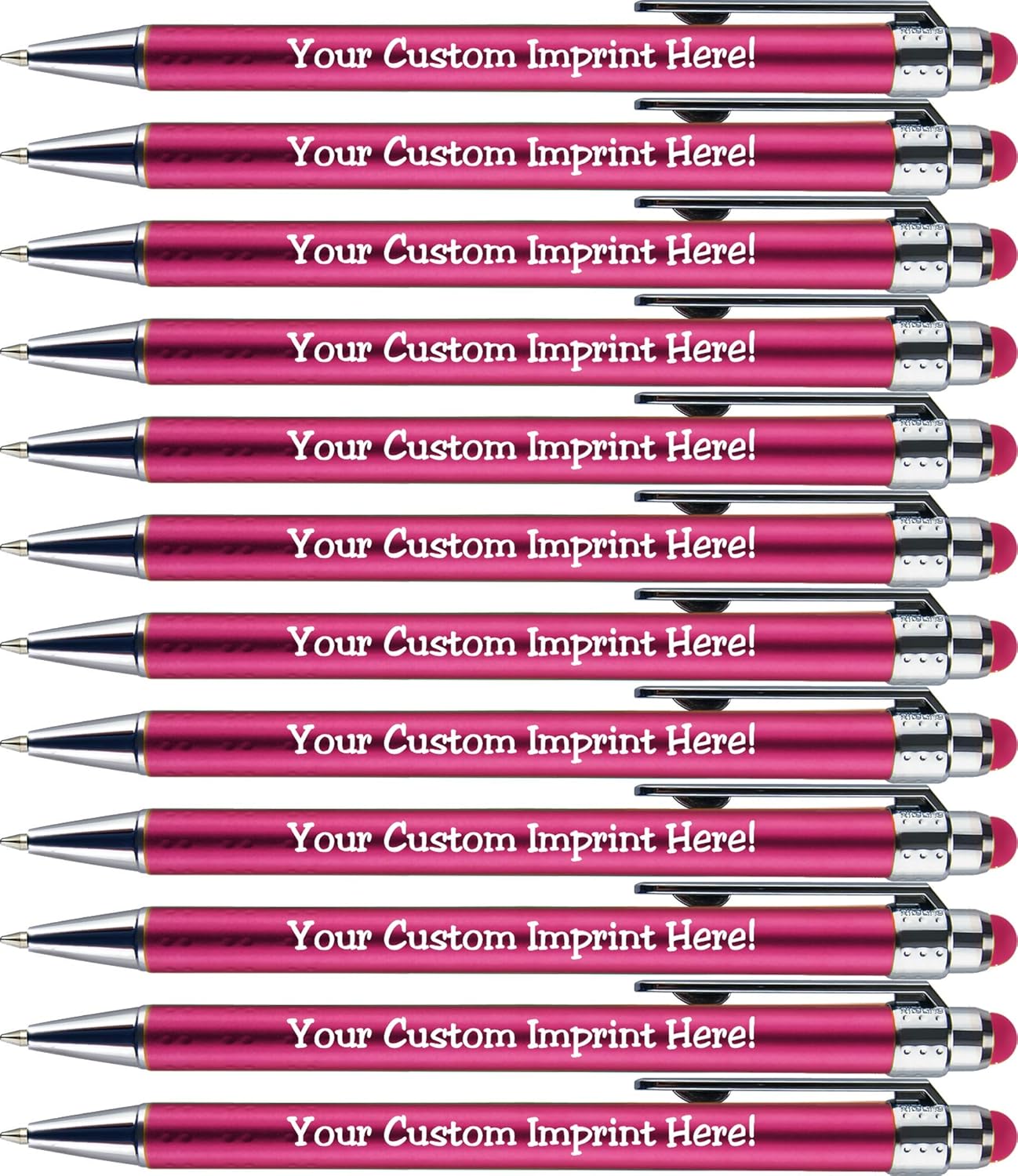 Personalized Pens with Stylus Tip -Bright Vibes- Click action - Custom - Black writing - Printed Name pens - Imprinted with Your Logo or Message - FREE PERSONALIZATION - 12 Pens/Box (Pink)