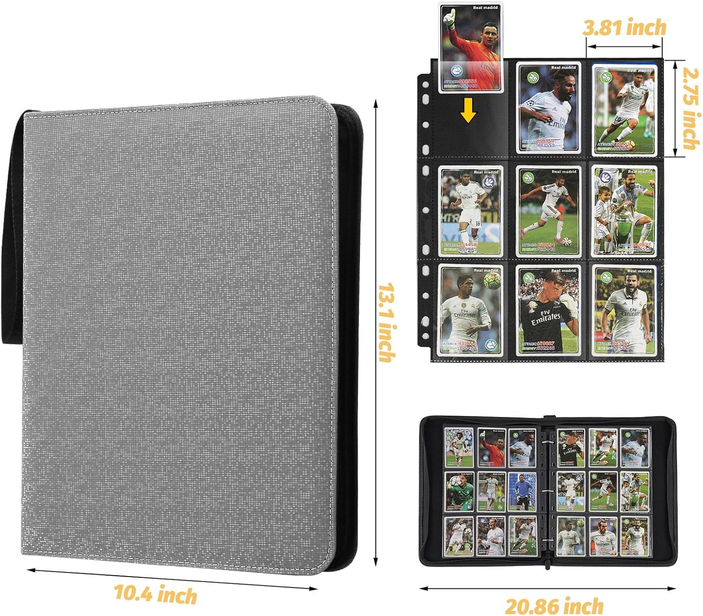 9 Pocket Card Binder, Premium Zip Trading Card Binder, 720 Double Sided Pocket PU Card Collection Binder, Collector Card Album, Card Folder for MTG, TCG, Sports Cards, Game Cards (Grey2)