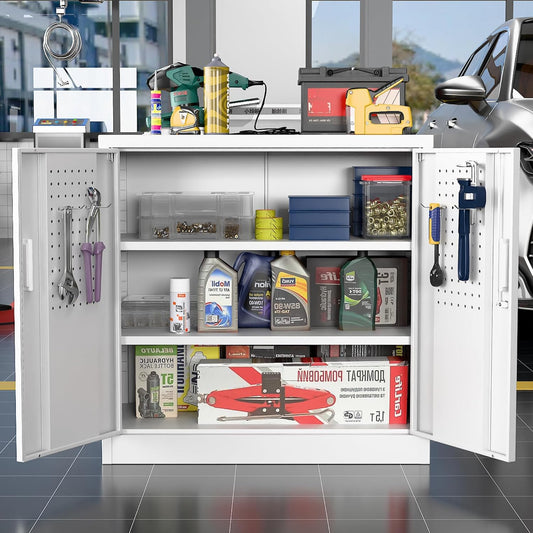 Aobabo 31.5" H Small Garage Storage Cabinet with Pegboard,Lockable File Storage Cabinet with 2 Adjustable Shelves for Garage, Office, School, Assembly Require, White