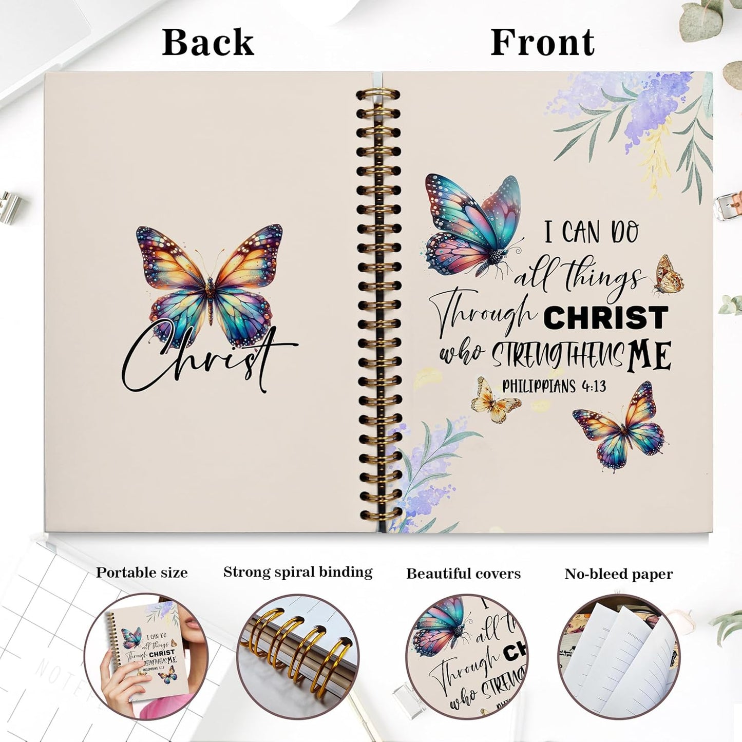 Bible Notebook, A5 Spiral Christian Journal Butterfly Notebook, Bible Verse-I Can Do All Things Through Christ Who Strengthens Me, Inspirational Notebooks for Women, Gift for Birthday Christmas