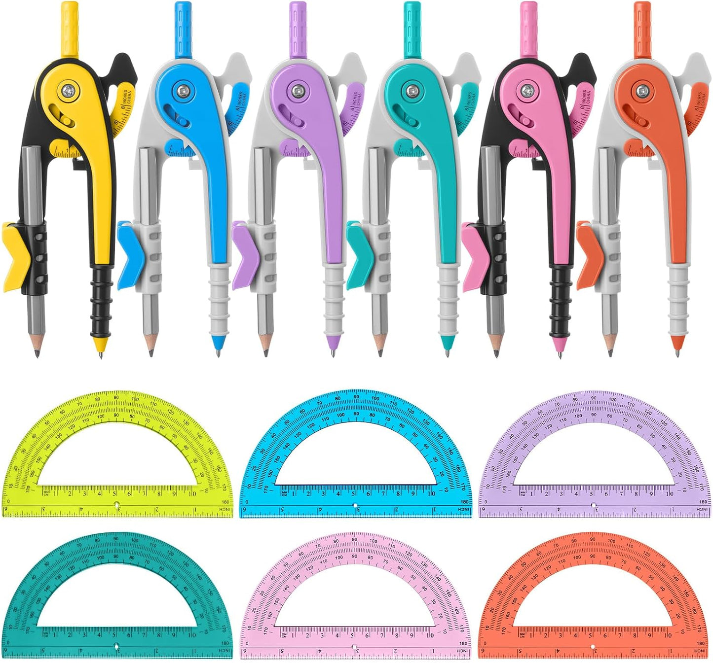 Chengu 6 Set Compass and Protractor Set, Multicolor Compass Geometry Tool 6 Inch 180 Degree Translucent Protractors for Geometry, Math Graphing Drawing Tools for Office and School Supplies