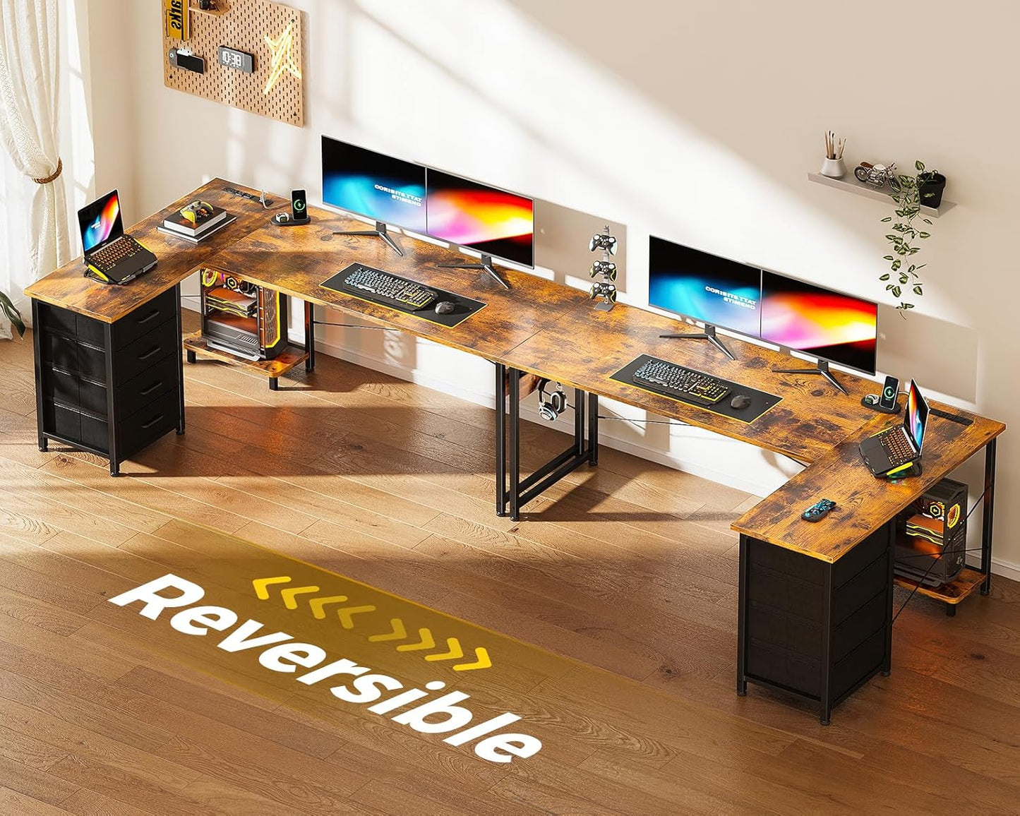 Casaottima L Shaped Desk with 4 Tier Drawers, 61" Gaming Desk with Power Outlets & USB, Reversible L-Shaped Computer Desk with CPU Stand, Home Office Corner Desk with Storage, Easy Assemble, Vintage