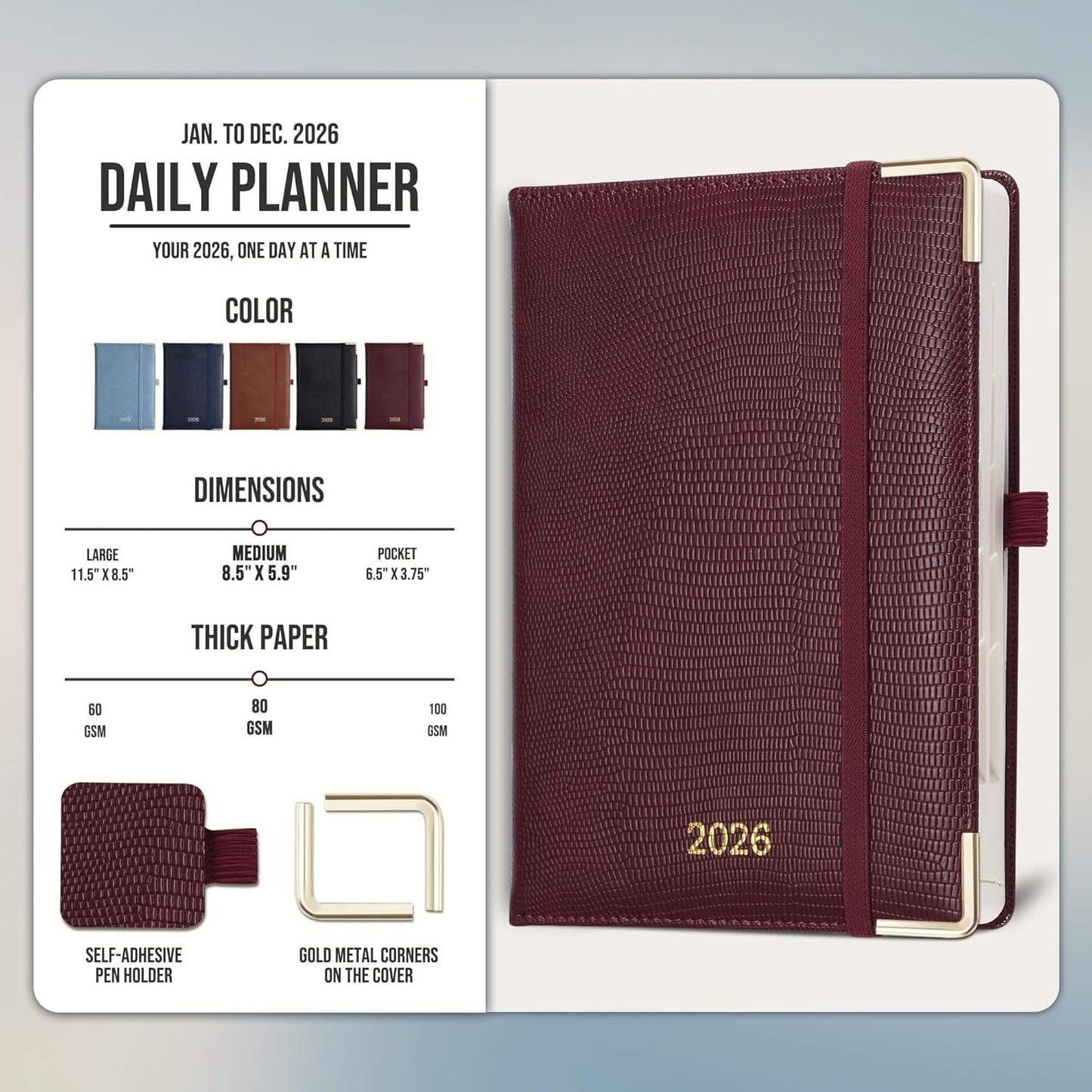 Daily Planner 2026 with One Page Per Day,(A5-8.5" x 5.9"),12 Months Calendar Hourly Appointment Book Monthly Tabs & Self-adhesive Pen Holder,Inner Pocket,Durable Vegan Leather,Burgundy