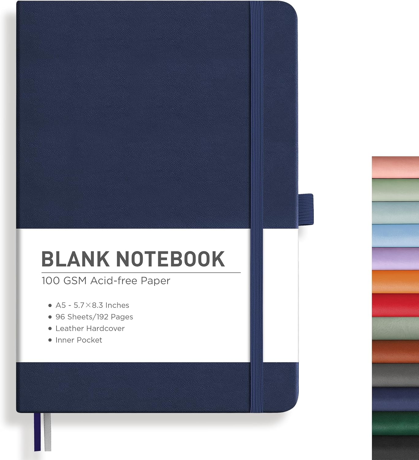 RETTACY Blank Journal Notebook, 192 Pages, A5 Medium Size (5.7'' x 8.3''), Leather Hardcover, 100 GSM Thick Paper, for Sketching, Drawing, Painting (Navy Blue)