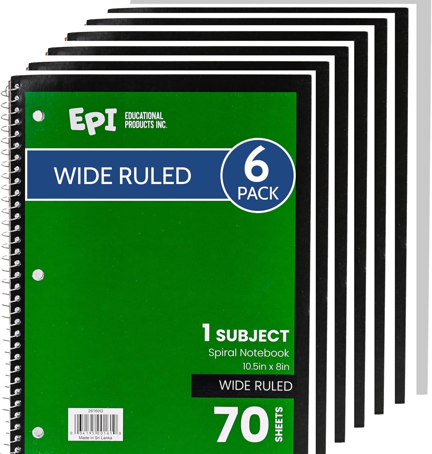 EPI Spiral Notebook | Wide - 70 Sheets, Durable Spiral Binding | 10.5 x 8 in | Classroom Supplies | School, Office, Note Taking, Journaling - 6 Pack