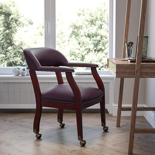 EMMA + OLIVER Burgundy LeatherSoft Conference Chair with Casters