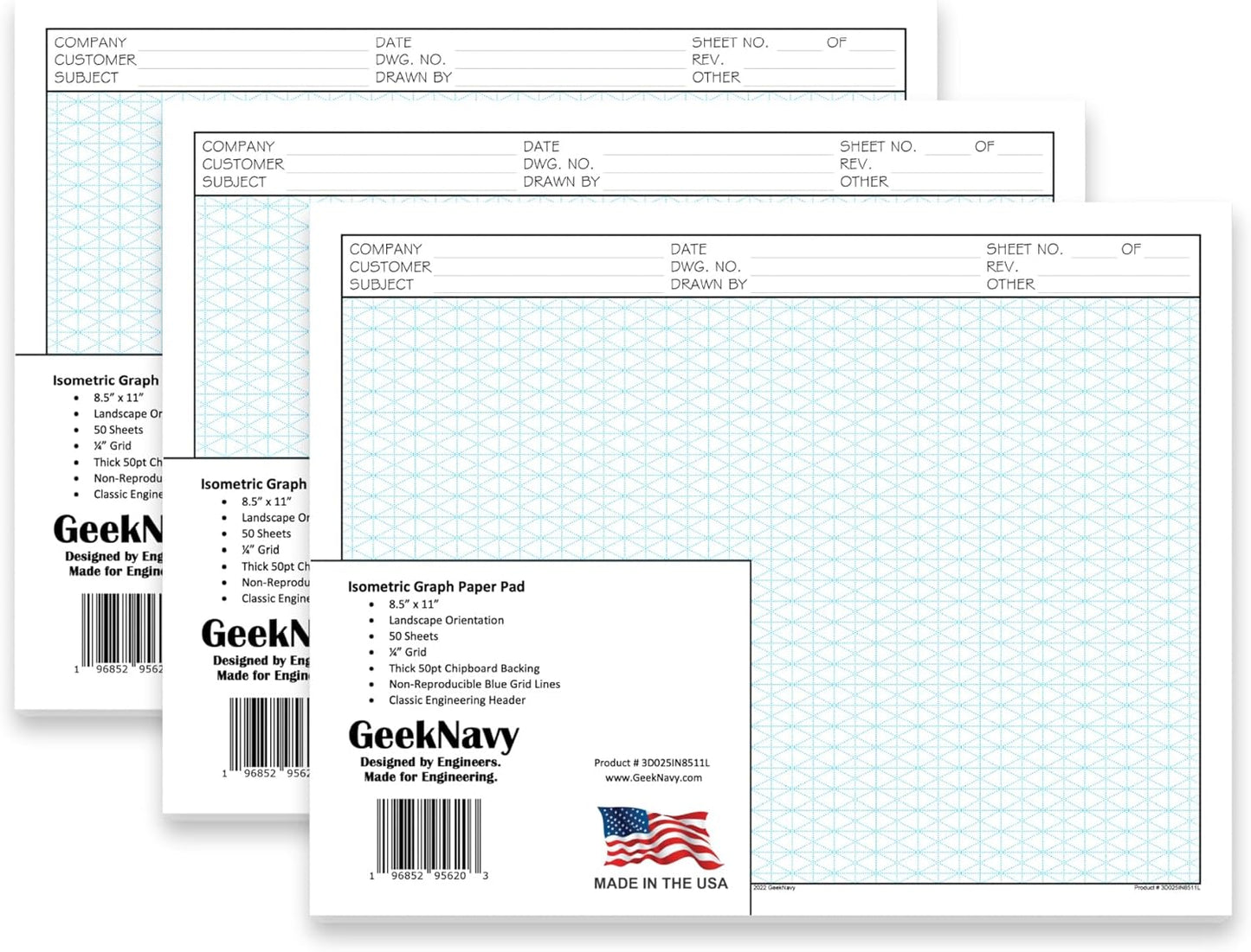 8.5" x 11" Isometric Graph Paper 50 Sheets Landscape - 0.25" Grid, Non-photo Blue, High Brightness, Drafting, Engineering, Art, 3D Design (3-Pack)