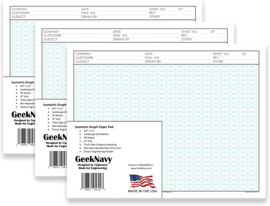 8.5" x 11" Isometric Graph Paper 50 Sheets Landscape - 0.25" Grid, Non-photo Blue, High Brightness, Drafting, Engineering, Art, 3D Design (3-Pack)