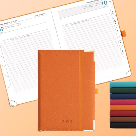 Daily Planner 2026 with One Page Per Day,(A5-8.5" x 5.9"),12 Months Calendar Hourly Appointment Book Monthly Tabs & Self-adhesive Pen Holder,Inner Pocket, Vegan Leather Hardback,Orange