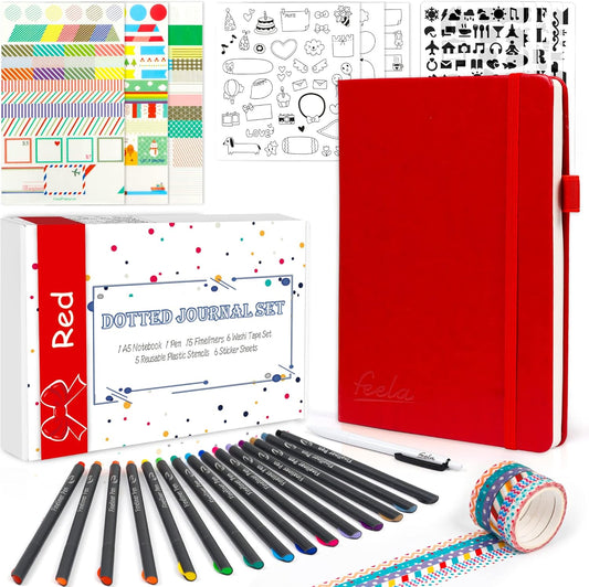 Dotted Journal Kit, Feela Dot Grid Journal Hardcover Planner Notebook Set For Beginners Women Girls Note Taking with Journaling Supplies Stencils Stickers Pens Accessories, A5, 224 Pages, Red