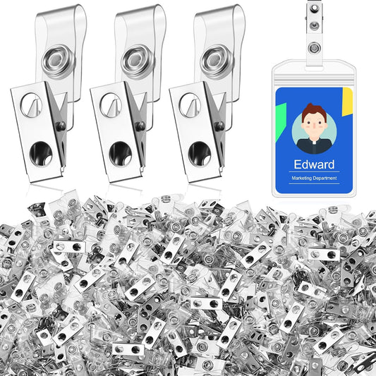 Seajan 600 Pcs Metal Badge Clips Bulk Double Hole Name Tag Clips with Clear PVC Straps Alligator ID Strap Clips for ID Cards Holders Office School Supplies