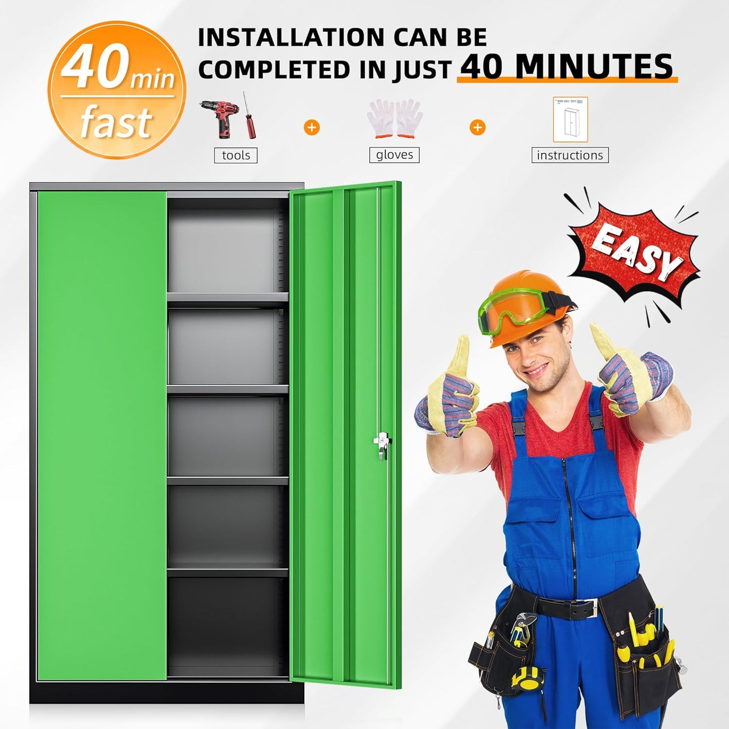 INTERGREAT Metal Storage Cabinet, Garage Steel Locking Cabinets with Doors and 4 Adjustable Shelves, Tall Lockable File Tool Cabinets for Home Office, Classroom Cabinet Basement, Black-Green