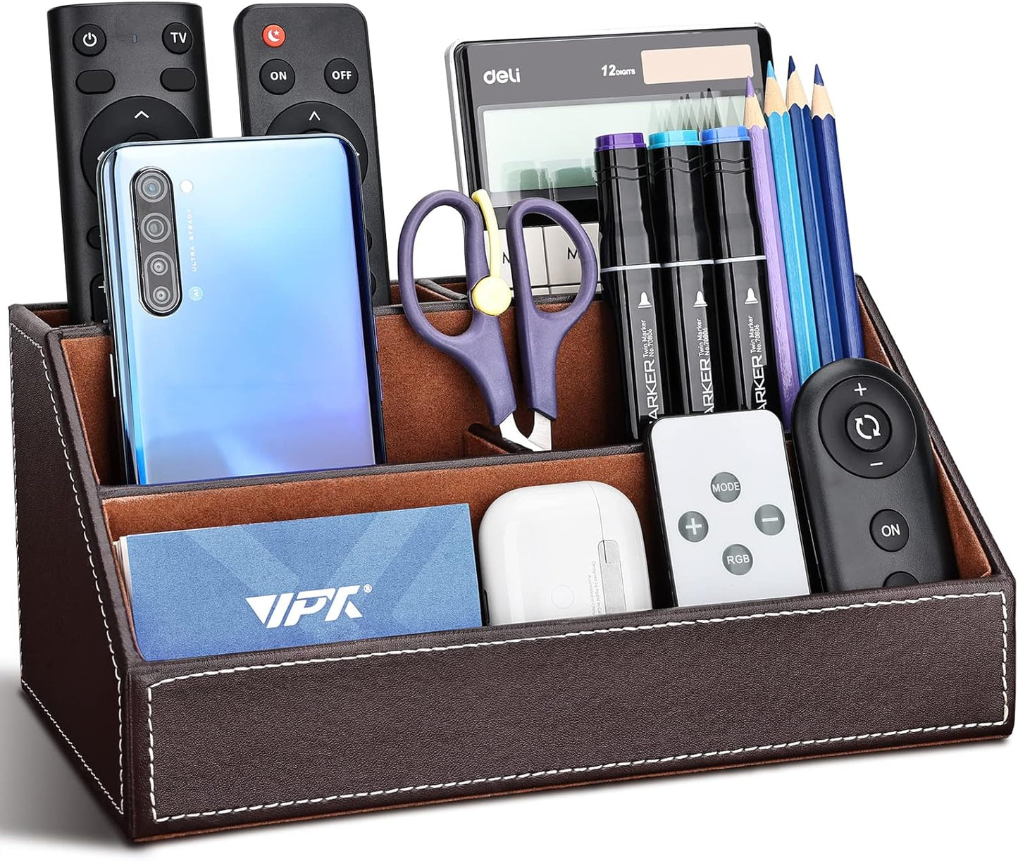 KINGFOM T31-6PCS/SET Office Desktop Decor Organizer Supplies Set PU Leather Remote Control Collection Holder, Pencil Holder Box, Business Card Holder, Mouse Pad, Sticky Notes Paper and Dispenser