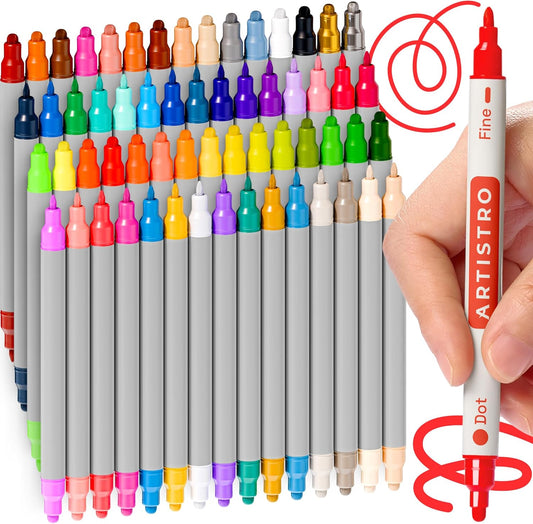 ARTISTRO Vibrant Acrylic Paint Markers for Rock, Fabric, Glass, Wood, Paper, Ceramic, Canvas & More - 60 Dual-Tip Paint Pens (Dot & Fine) - Quick Dry, Teacher Classrooms Must Have, Drawing Markers