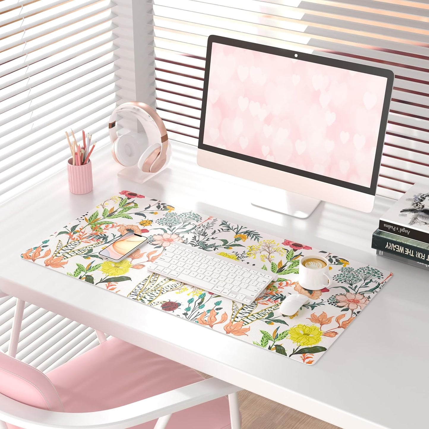 QIYI Floral Large Mouse Pad, Colorful Desk Mat for Desktop, Women Girls Desk Accessories Office Décor, PU Leather Waterproof Big Gaming Mousepad, Blooming Flowers Desk Pad Computer Mat, 31.5" x 15.7"