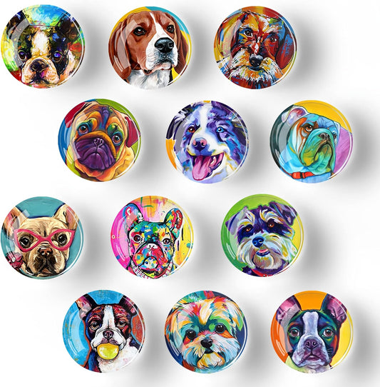 12Pcs Glass Refrigerator Magnet Fridge Sticker,Oil Painting Dog Fridge Magnets Decoration for Crafts,Strong Fridge Magnets for Kitchen, School,Office Whiteboard, Cabinet and Dishwasher